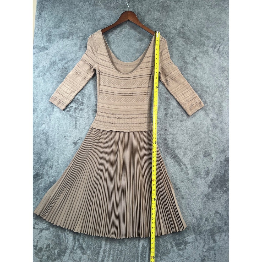 Ralph Lauren Purple Label Pleated Midi Dress XS Tan Knit Layered Bodice Viscose - Picture 5 of 13